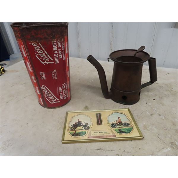 Quart Oil Can Funnel Jug Copper, Bill's Body Shop Thermostat/Picture combo with an old Brandon,MB ph