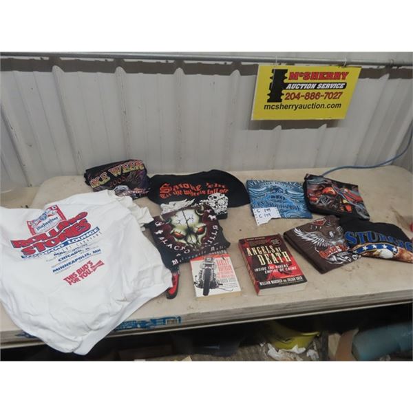 8 Shirts - Harley, Rollin Stones, Sturgis+ 2 books Bought not worn - size XL + 2 Motorcycle books