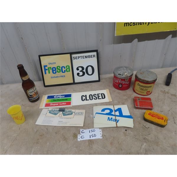 Fresco Number Calendar w/ extra set of numbers... Super Loto Open/Closed Sign, Tobacco Tins, Beep Gl