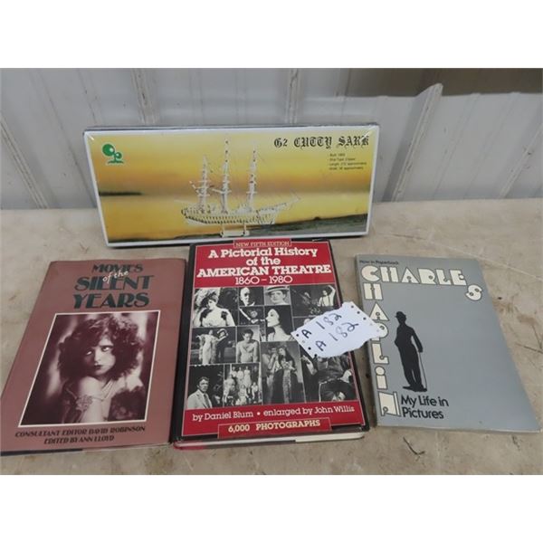 Wood Model Ship - Clipper + 3 Movie History Books including Charles Chaplin