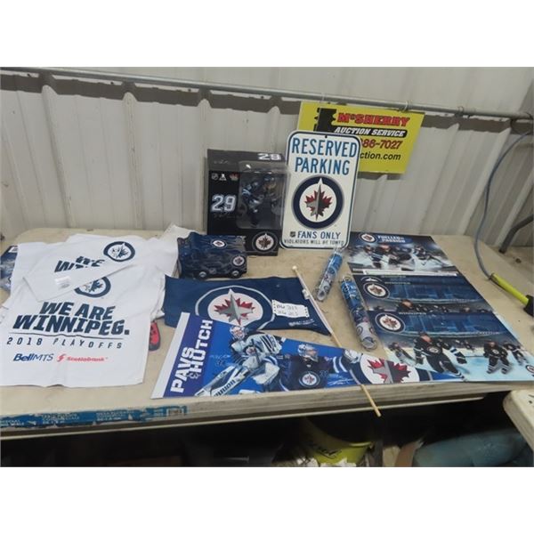 WPG Jets memorbilia Laine Figure in Box, Placemats, Signs, Flags, Towel + Zambonie display