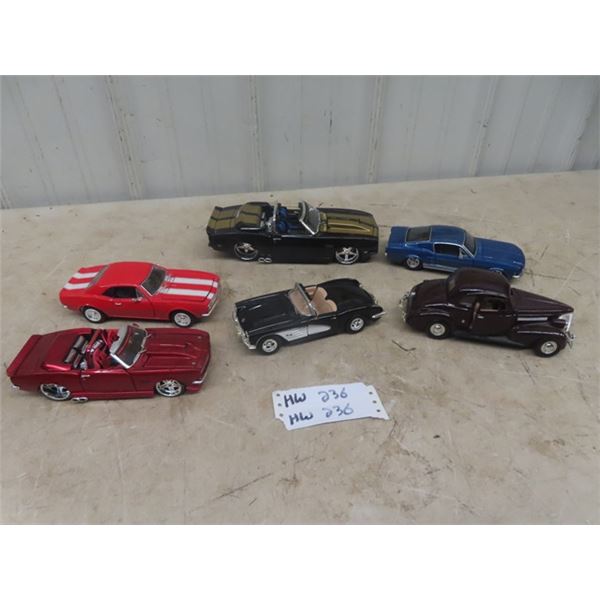 6 Die Cast cars 1/18 + 1-24 Scale size 39 Chevy coupe, 59 Corvette, (2x) 68 Chevy Camero, 67 Chevy C