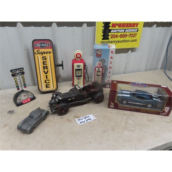 Die Cast 67 Camero 1/18 scale, Metal Hot Rod, Gas Bowser Alarm Clock plus more