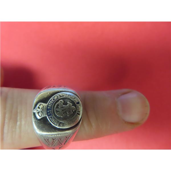 Sterling Silver Princess Patricia Cdn Light Infantry Ring - Size 10ish w writing on inside of Band, 