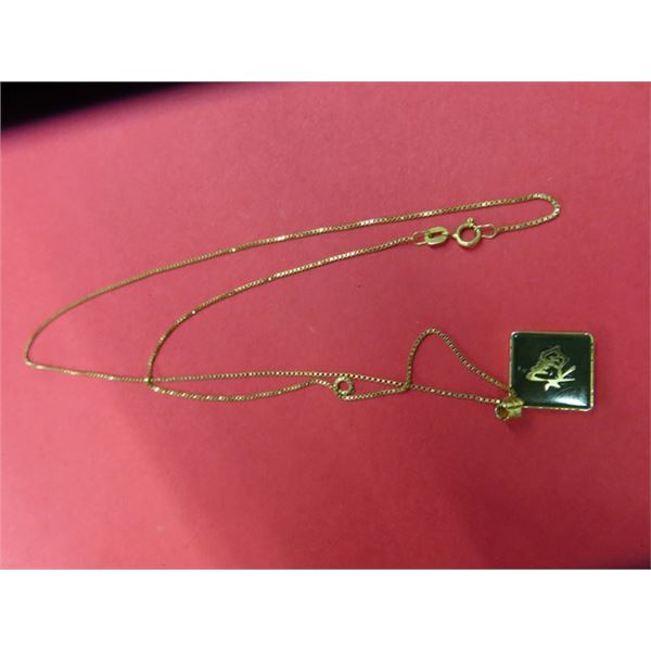 14Kt Chain w Jade Like Pendant w Chinese Symbol & Box , Approx weight 3.38 Grams