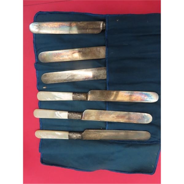 6 Pearlesque Rogers Bros Sterling Mount Knives in Velvet Like Rolling Bag