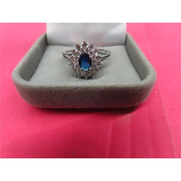 Sterling Silver Ring w Sapphire Like Stone & Crystal Like Stones - Size 10 w Box