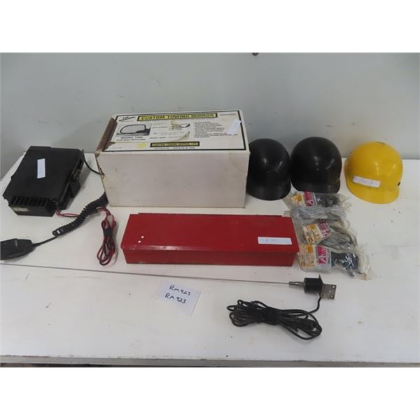 (RM) Box with Millwright Stuff, 2 Way Radio & Antenna, Towing Mirrors 1999 GMC, Hard Hats & Safety G