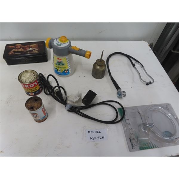 (RM) Vintage 7 UP and Custard Tins, Water Fountain Pump, Stethoscope, Wet Dry Hose Prayers Plus More