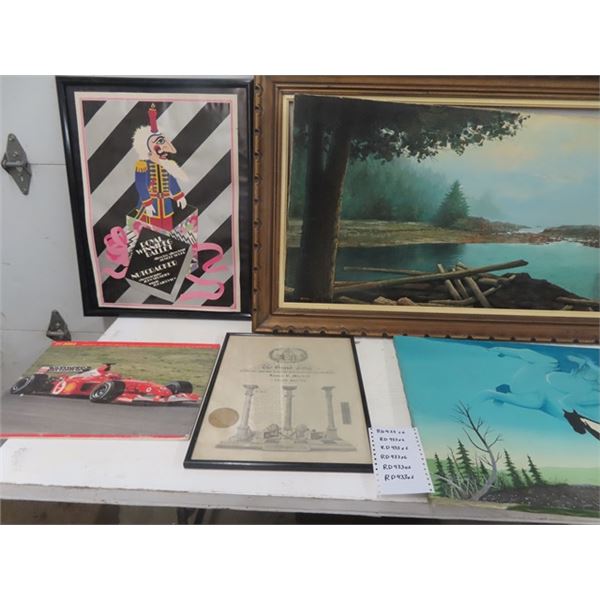 (RD) 6 Paintings/Pictures- Big One Has Broken Race Car, Native Art, Wilderness Scene , Free Mason