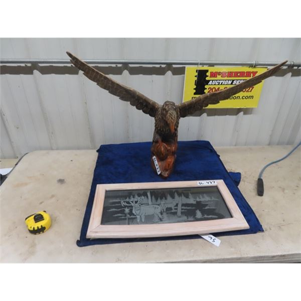 Wooden Carved EAgle 21" H x 36" Wing Span & Elk Etching Picture on Glass