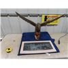 Image 1 : Wooden Carved EAgle 21" H x 36" Wing Span & Elk Etching Picture on Glass