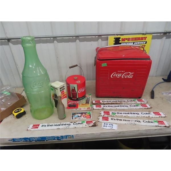 VIntage Coca Cola Lot, Rare 1920's Cdn Coke Bottle , 1960's Blotters Bottle Radio, 5 Metal Rack Sign