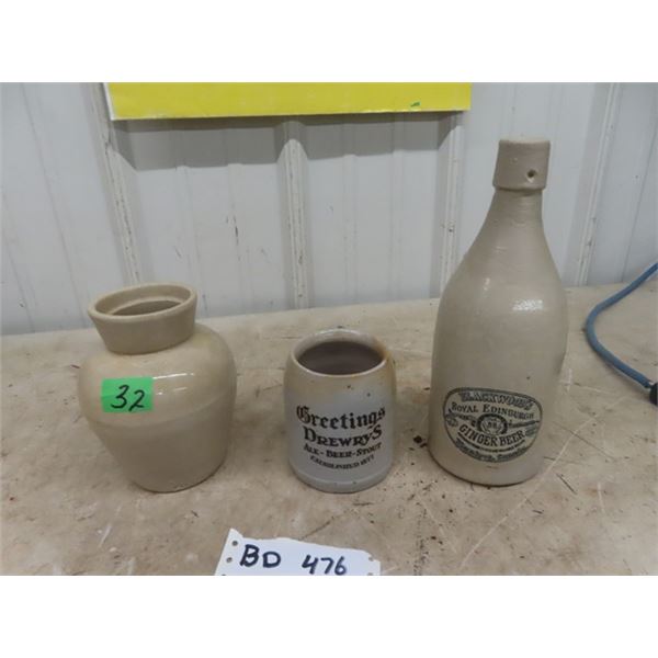 Antique Stoneware Items, Blackwoods Ginger Beer, 1920;s Drewery's Promo Beer Mug, 1800's Pittsburg S