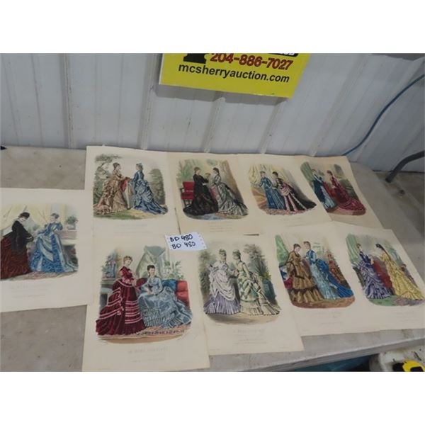 9 Original 1870's Hand Colored Paris Fashion Prints 15" x 11" (Orig) Not Copies