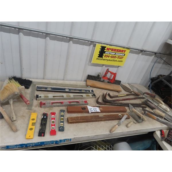(ev) Levels, Squares, Miter Saw( no blade), Wrecking Bars, Trowels, Brushes plus more