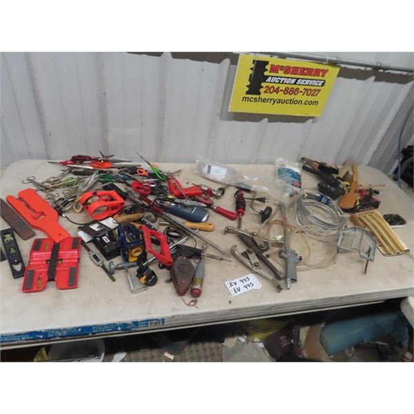 (ev) Scissors, Various Tools, Brass Hand Drill, Air Blower, Large Screw Driver, Levels, Wire Brushes