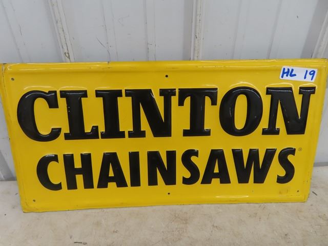 Clinton Rifles Antique Sign Vintage Metal Embossed Clinton Chainsaws Sign 12