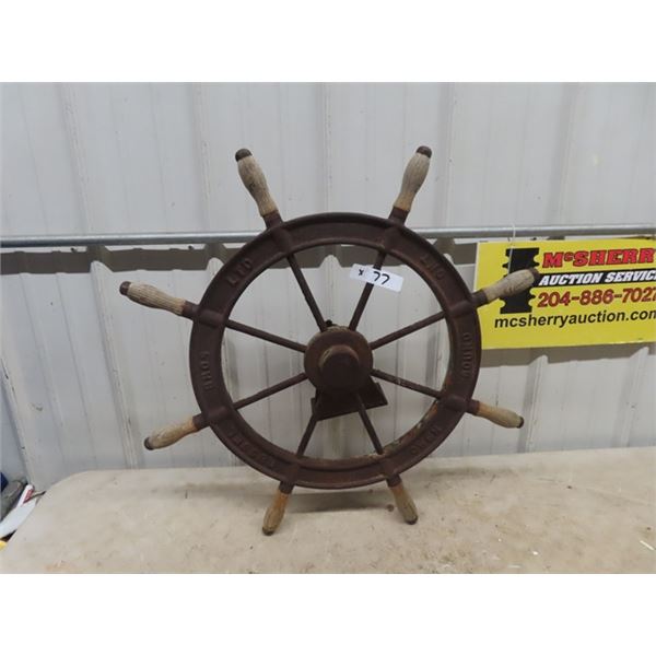 Cast & Wood Handled Ship Steering Wheel Russel Bros Ltd. 29" RD To End Handle
