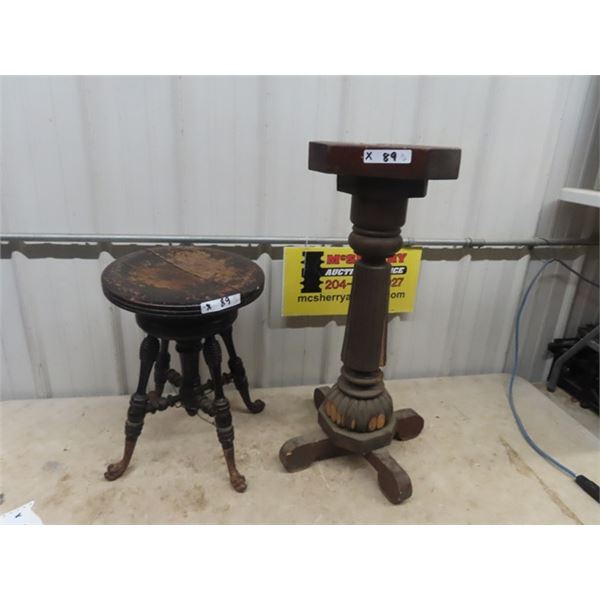 Piano Stool & Wood Pedistal Stand 32" H 12" x 9"