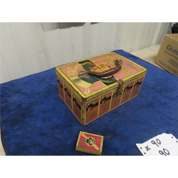 Passing Show Virginian Cigarette Metal Tobacco Tin / Lunch Kit w Metal Match Stick Holder 4" x 8" x 