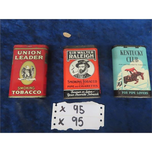 3 Pocket Tobacco Tins 1) Union Leader 1) Sir Walter Raliegh 1) Kentucky Club