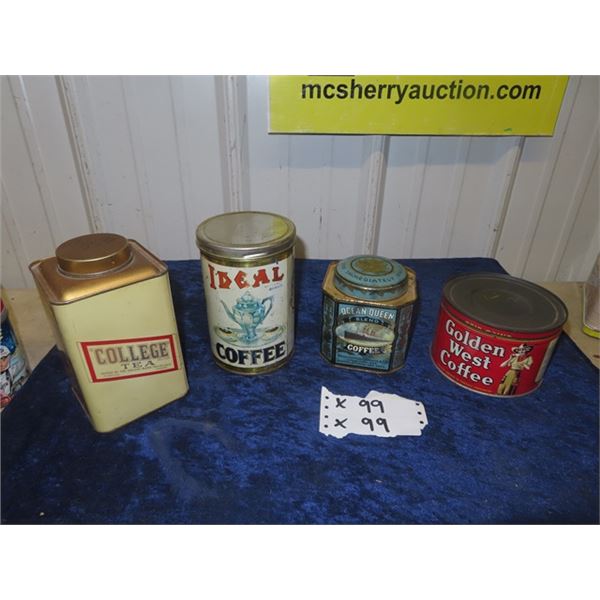 4 Coffee TIns 1) Ocean Queen 1) Ideal 1) COllege 1) Golden West Coffee