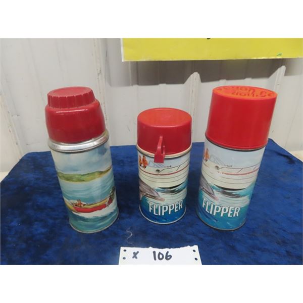 3 Thermos' - 2 are Flipper From 1966 & 1 is Boat Scene
