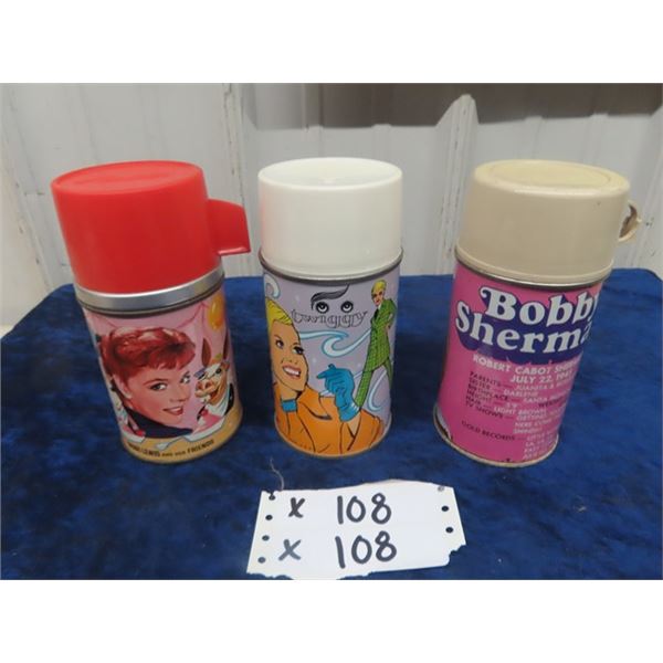 3 Thermos' 1) Shari Lewis & Friends 1963 1) Twiggy - Made By Aladdin 1967 & Thermos Bobby Sherman 19