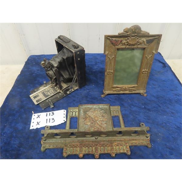 Folding Camera & Cast Victorian Picture Frame 9" x 6" & Cast Pipe Rack w Embossed Chief