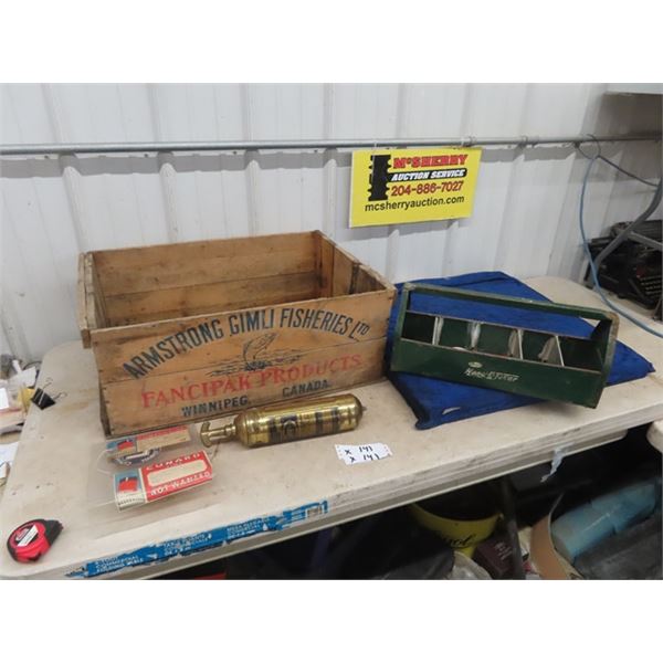 Gimli FIshing Crate, Brass Fire Extinguisher, Metal Tool Box, Cunard Passener Luggage Tags 1958