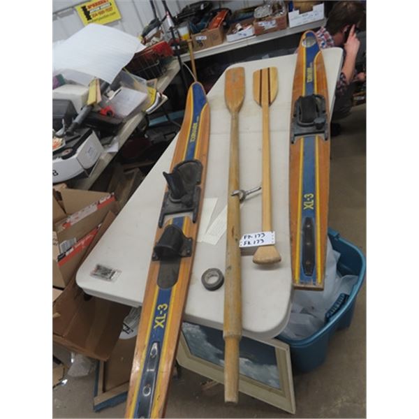 Set of Water Skis & An Oar & 1 Paddle