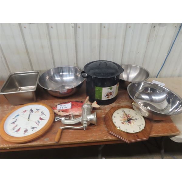 2 Clocks, Strainer, Bowls, Canner & More