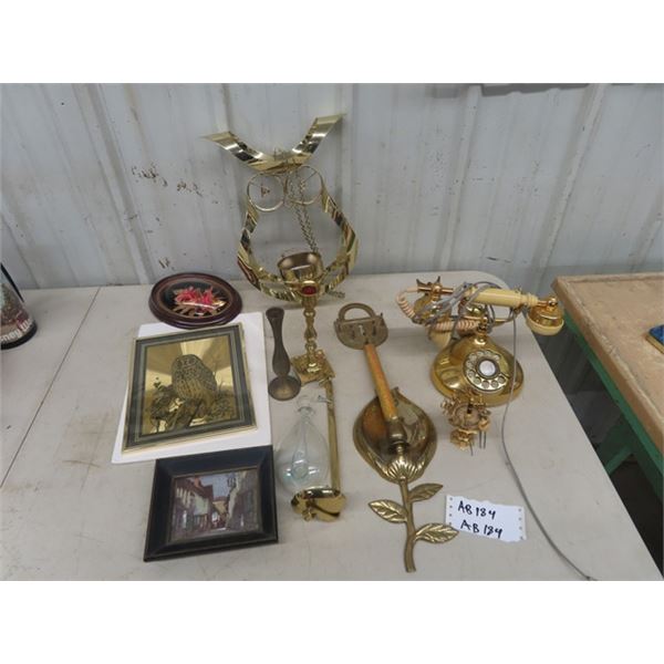 Brass Candle Holders, Ornaments, Pictures Desk Phone