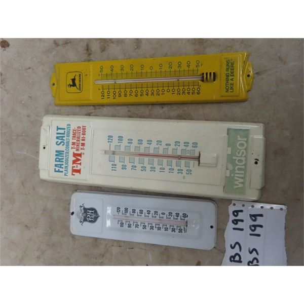 3 Metal Thermometers 1) JD 3" x 12" 1) Windsor Salt 4" x 14.5" & 1) P & H Grain 3" x 9"