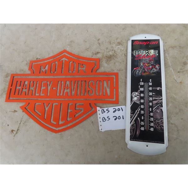 Harley Davidson Metal Sign 13" x 17" & Metal Snap On Thermometer 5" x 17"