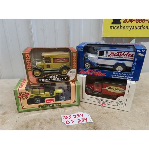 4 Die Cast Auto Bank, 1/25 Scale In Boxes w ADv Tru Valu & Home Hardware