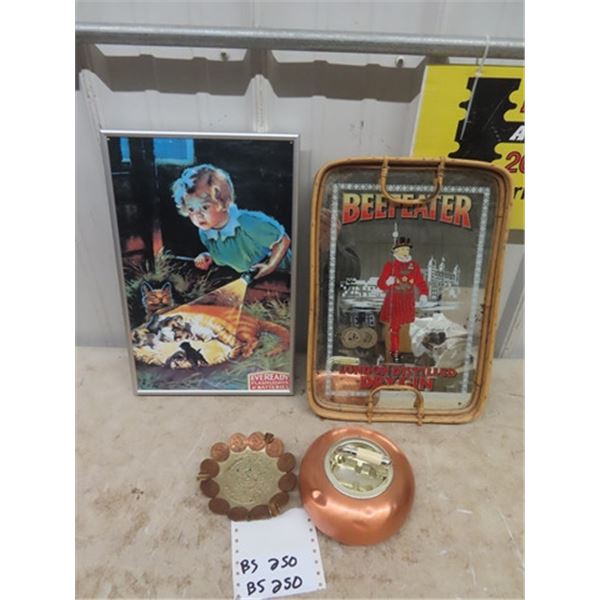 Eveready Framed Print & Mirrored Beefeater Tray & Copper Ashtray