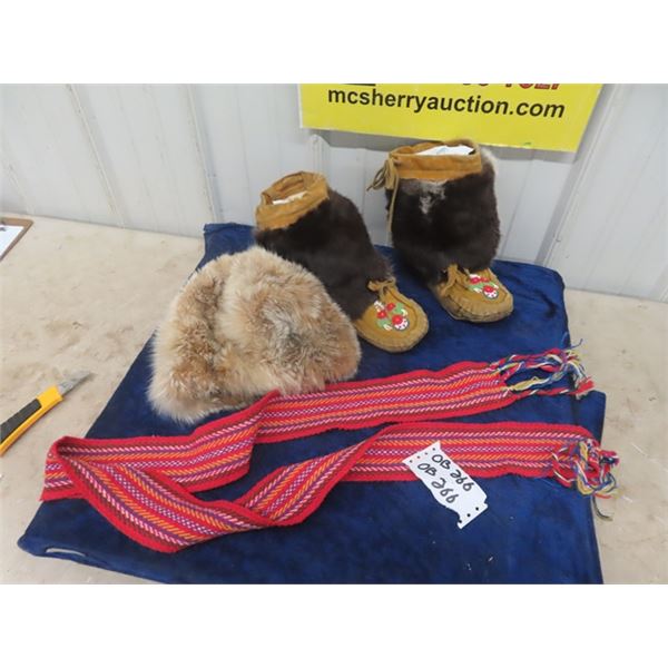 Cree Beaded Mukluks 8" sole Length, Fur Hat by Hurtig Furriers Winnipeg, Voyageur Sash. Vintage item