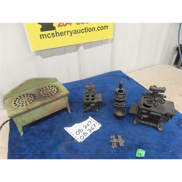 Antique Electric Tin Toy Stove & 3 Cast Iron Stoves