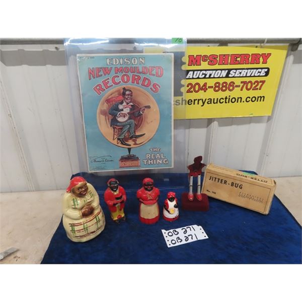 Rare Antique Black Americana Pottery String Holder, Antique Black S+P, Antique Tin Jitter Bug Toy wi