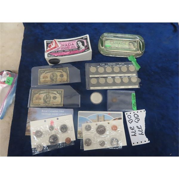 2 Canada 25 cent Shinplaster, 1oz. Pure silver Buffalo Nickel, 1867-1967 Dollar Bill Paperweight, 19