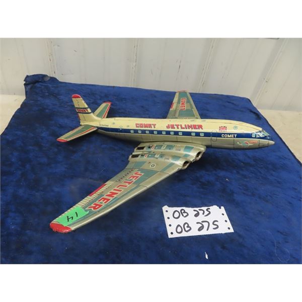 1960's Tin Toy Airplane Comet Jetliner 15" Length 19" Wingspan. Made in Japan