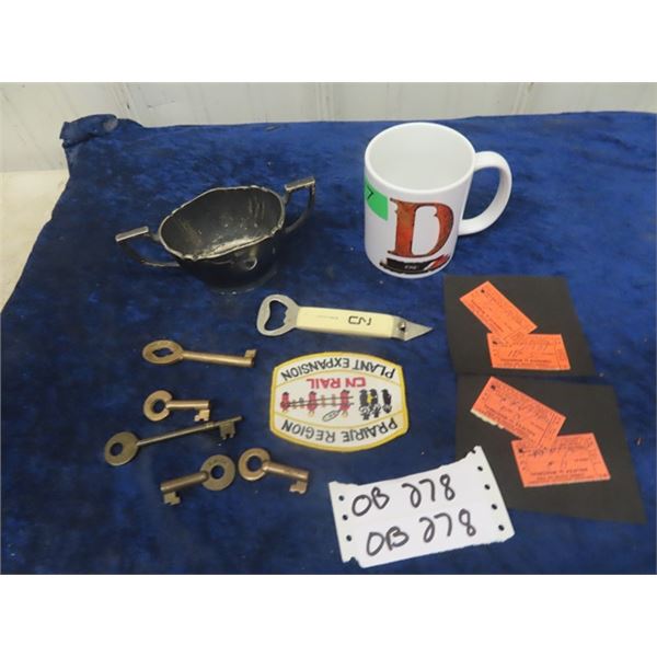 Vintage CNR Switch Keys & Caboose Keys, Ticket Stubs, Sugar Bowl & Mug