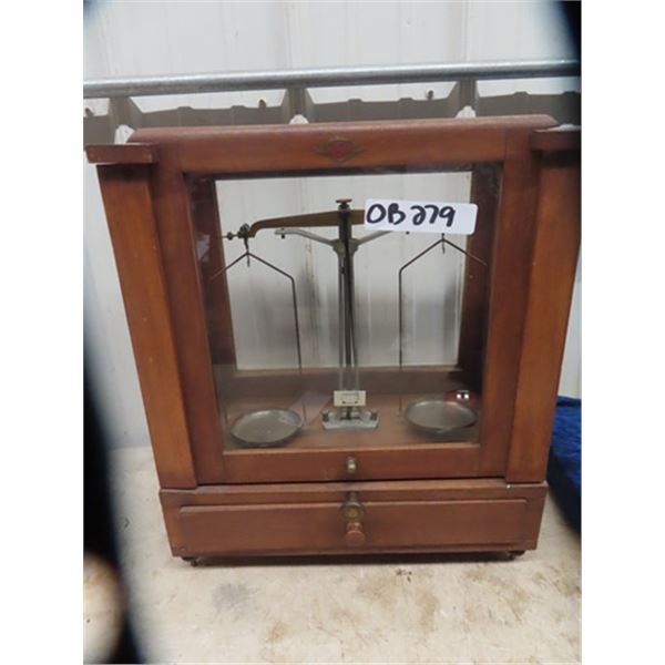 Antique Drug Store/Pharmaceutical Scale w/ Wood & Glass Case  17" x 15" x 8.5"