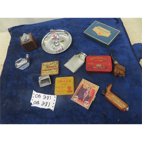 Vintage Lighters, Carved Pipe Bowl, Cigarette Cases ( modern) , 4 Tobacco/Cigarette Tin, Legion Asht