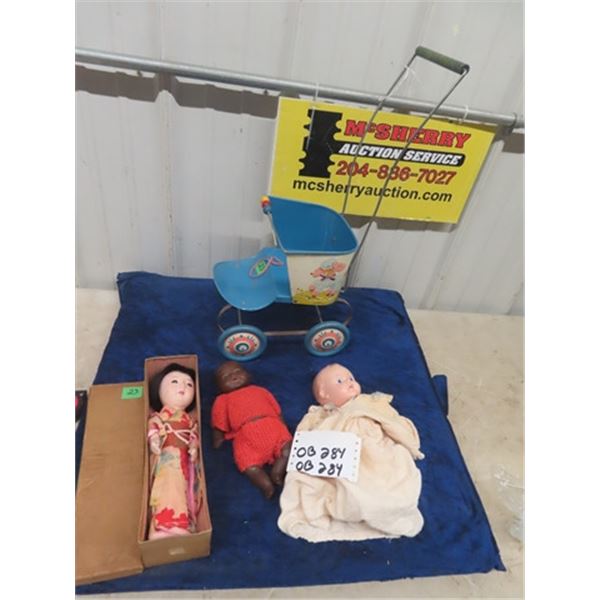 3 Antique Dolls- Armand Marseille Black Baby, Viceroy Baby Doll, Japanese Doll in Original Box. All 