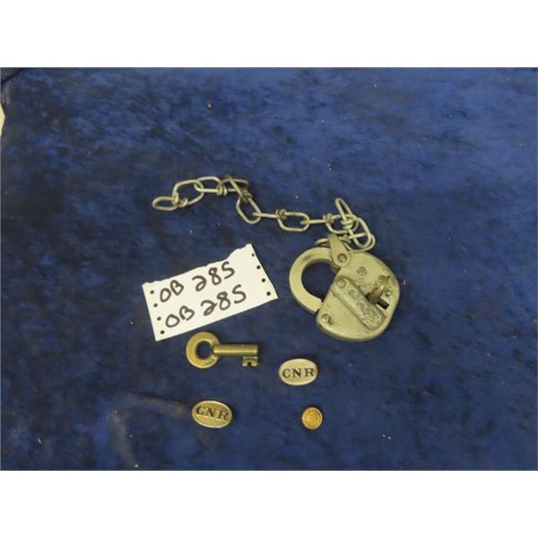 CNR Switch Lock, Working w/ Key, Gold & Silver Tone Cap Badges, Brass Button. Chesapeake + Ohio Rail