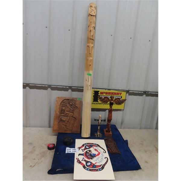 Vintage Haida First Nations 17" Hand Carved Signed Totem Pole, hand Carved Signed 15" x 11" Bear Pan