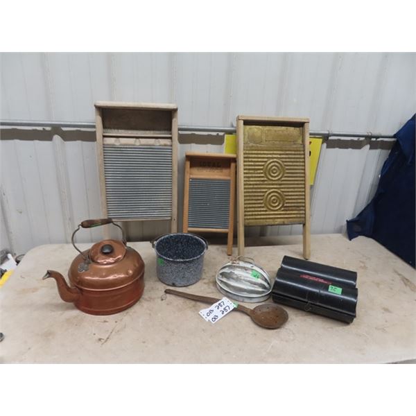 3 Washboards, Antique Copper Kettle & Graniteware